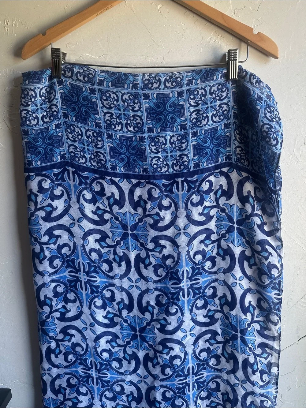 Blue Tile Print Scarf Wrap Blue White Mediterranean Boho Euro Summer 104x78